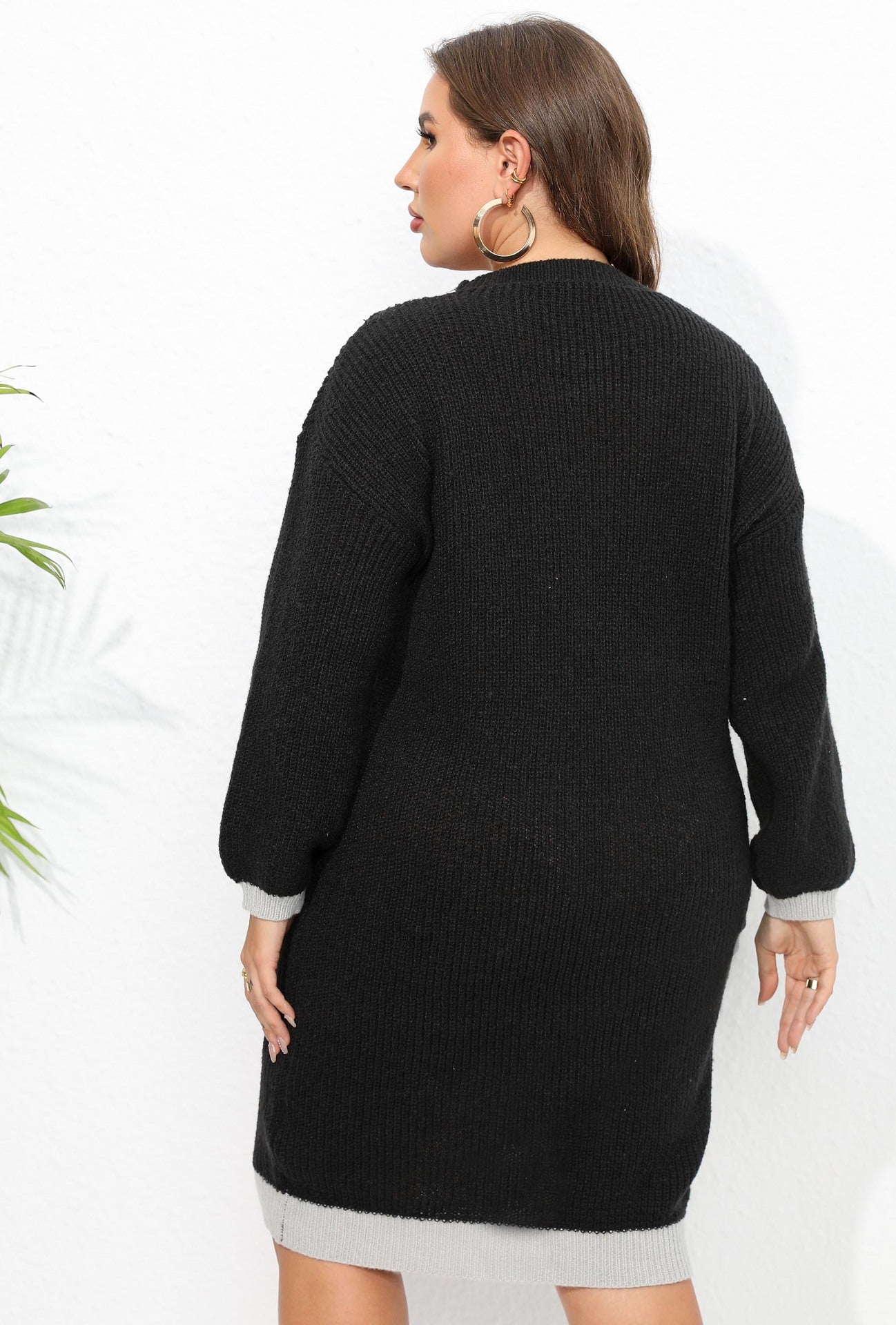 Woolen plus Size V Collar Contrast Stitching Dress Without Belt